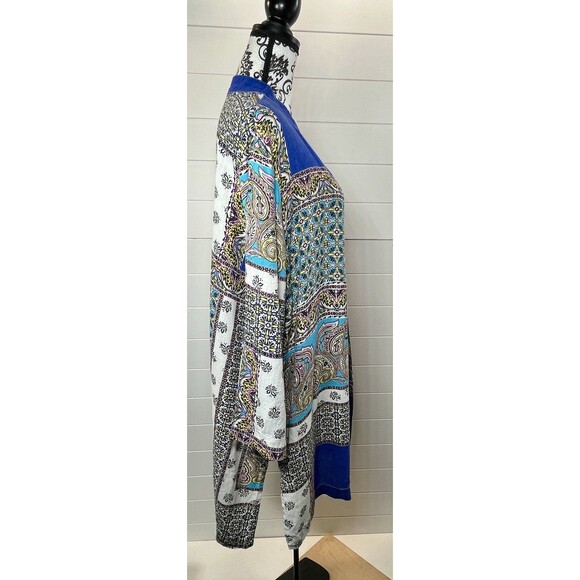 CHICO'S Patchwork Graphic Linen Duster Jacket Kimono 12/14 Womens Artsy Boho - Picture 7 of 16